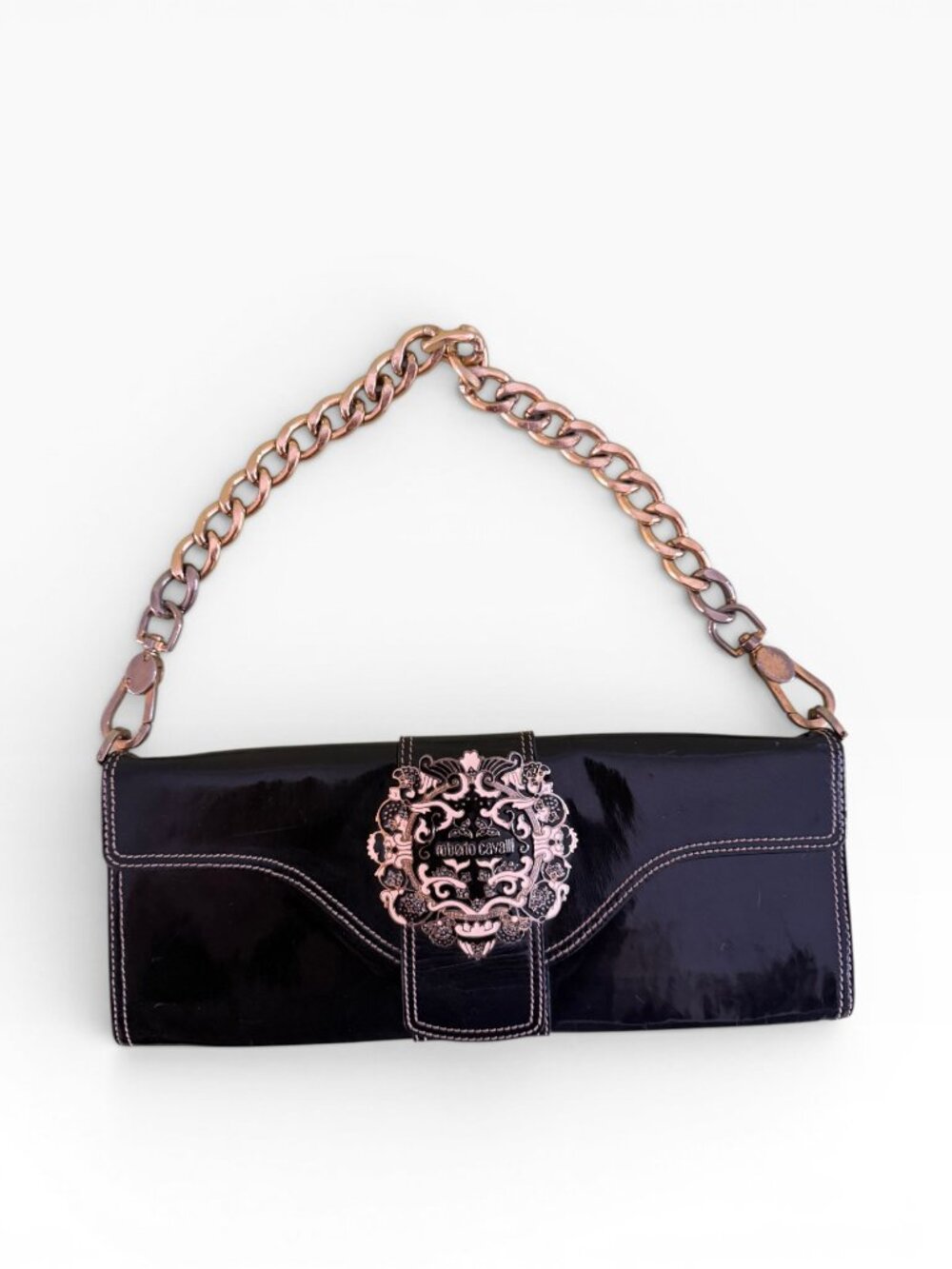 Roberto Cavalli Patent Leather Crest Medallion Gold Chain Shoulder Bag